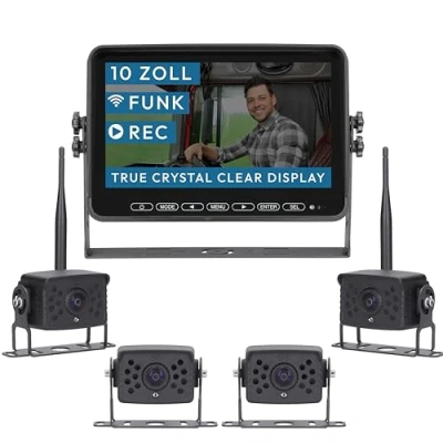 Abbildung von VSG24 10“ Element Wired HD Funk Rückfahrsystem mit 4 Kameras für Wohnmobil &amp; LKW, KFZ Set Rückfahrkamera kabellos + Monitor DIY Nachrüsten 12V 24V Kamera digital Auto Rückspiegel Pferdeanhänger
