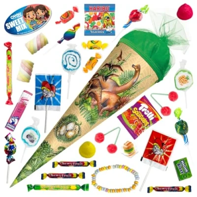 Abbildung von OYOY 35cm Schultüte gefüllt mit Süßigkeiten Mix I ROTH Veganosaurus gefüllte Zuckertüte Jungen Geschenke zur Einschulung