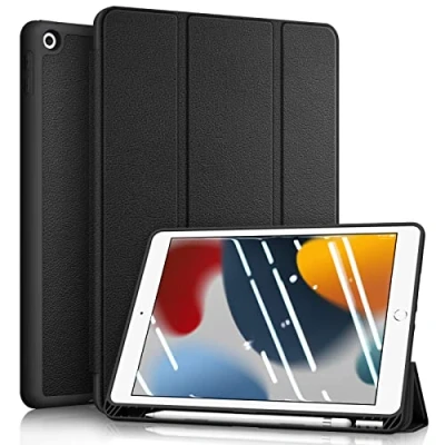 Abbildung von Fintie Hülle für iPad 9. Generation 2021/8. Gen 2020/7. 2019 10.2 Zoll Superleicht Soft TPU Rückseite Abdeckung Schutzhülle mit eingebautem Pencil Halter, Auto Sleep/Wake, Schwarz