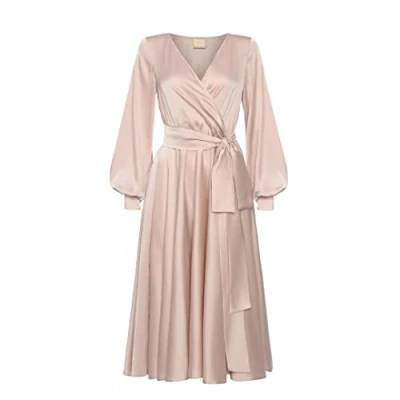 Abbildung von Swing Fashion Midikleid Damen Elegantes Kleid Festliches Partykleid Abendkleid Hochzeitskleider Abschlussballkleid Ballkleid V Ausschnitt Langarm Beige 42 (XL)