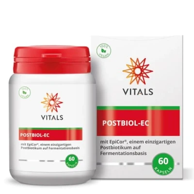 Abbildung von Vitals Postbiol EC 60 kapseln mit EpiCor, einem einzigartigen Postbiotikum auf Fermentationsbasis. Das bekannteste der Welt, vom Marktführer Cargill