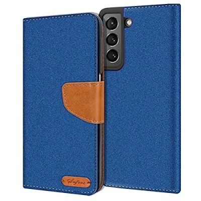 Abbildung von Verco kompatibel mit Samsung Galaxy S21 Hülle, Schutzhülle für 5G Tasche Denim Textil Book Case Flip Klapphülle Blau