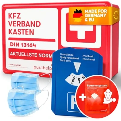 Abbildung von PURAHELP KFZ Verbandskasten DIN 13164 + Parkscheibe Inkl. Beatmungstuch, 2x Klettstreifen Erste Hilfe Set Auto 2025