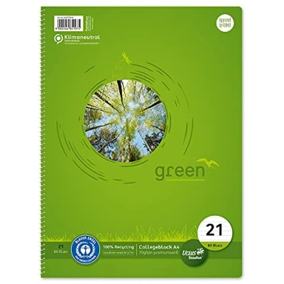 Abbildung von Staufen Green Collegeblock DIN A4, Lineatur 21 (9mm liniert), 80 Blatt, 4 fach Lochung, premiumweißes 70g/m² Recyclingpapier, 1 Stück