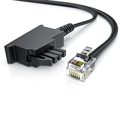 Abbildung von CSL 2m Telefonkabel TAE F Stecker auf RJ11 Int. Norm 6P4C / 4 polig belegt Flachkabel von analoger Telefondose zum Telefon Fax Modem Router Anrufbeantworter, 2 Meter schwarz