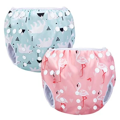 Abbildung von Luxja Schwimmwindel wiederverwendbar (2 Stück), Baby Schwimmhose Verstellbarer, Waschbar für (0 3 Jahre), Eisbär + Rosa Flamingo