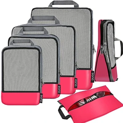 Abbildung von Eono Komprimierbaren Packwürfeln zur Organisation Ihres Reisegepäcks, Compression Packing Cube, Packtaschen Set &amp; Gepäck Organizer für Rucksack Koffer Fuchsie, 6 teilig