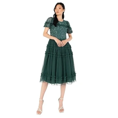 Abbildung von Maya Deluxe Women&#039;s Midi Dress Ladies Sequin Embellished Short Sleeve Ruffle for Wedding Guest Bridesmaid Occasion Evening Ball Gown Kleid, Emerald Green, 52
