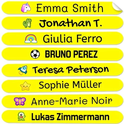 Abbildung von 50 personalisierte Klebeetiketten für Bleistifte und Kugelschreiber. Schulaufkleber mit Namen zum Markieren von Gegenständen. Wasserfeste Aufkleber Schule Kindergarten Maße 4,6 x 0,6 cm