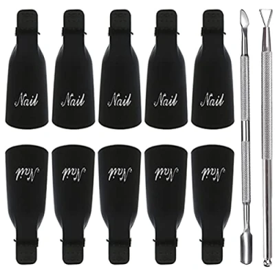 Abbildung von Nagellackentferner Clips Set,10 Stk UV Maniküre Einweichen Clip mit 2 Stücke Nagelhaut DrückerTrimmer,Gel Cap Tränken Weg Nagel für Gel Polish Entferner Wrap Tool Schwarz
