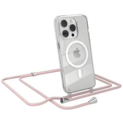 Abbildung von EAZY CASE Handykette kompatibel mit iPhone 15 Pro Kette zum Umhängen Stoßfest Handyhülle für Silikon Hülle Band Handytasche Transparent als Fallschutz in Rosé Gold