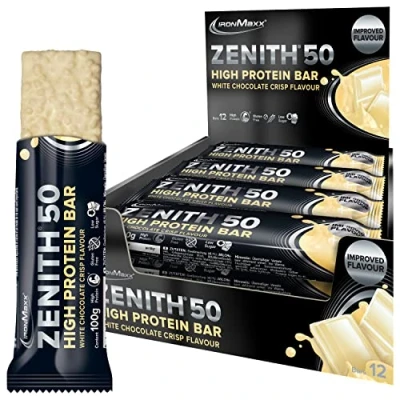 Abbildung von IronMaxx Zenith 50 XL High Protein Bar White Chocolate Crisp 12 x 100g Eiweißriegel mit 50% Proteingehalt low carb, sugar wichtigen Aminosäuren