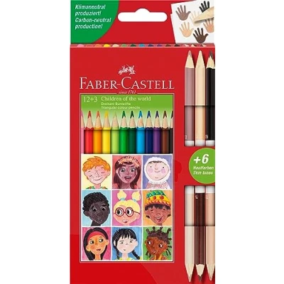 Abbildung von Faber Castell 511514 Buntstifte Set dreikant, 15 teilig, inkl. Bicolor Hautfarben, für Kinder und Erwachsene