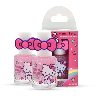 Abbildung von Hello Kitty Nagellack für Kinder 2er Stück Lizenzprodukt 9 ml auf Wasserbasis Leicht aufzutragen Mit warmem Wasser entfernbar Ungiftig