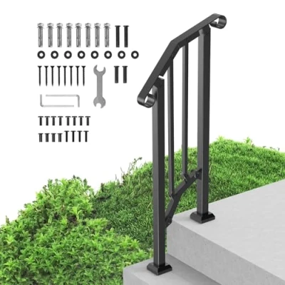 Abbildung von VEVOR Handläufe für Außentreppen, 12 stufiges Treppenhandlauf Set, Übergangsgeländer aus Karbonstahl mit Montagesatz, Treppengeländer Senioren, Betonstufen &amp; Veranda Deck, schwarzer Retro Bogen
