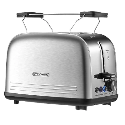 Abbildung von STEINBORG Toaster SB 2071, 2 kurze Schlitze, für Scheiben, 850 W, Edelstahl Gehäuse,Brötchenaufsatz,Krümelschublade