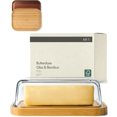 Abbildung von KIVY Butterdose Glas mit luftdichtem Deckel für streichzarte Butter BPA Frei Butterdosen dish Butterschale Box Dose Butterbox Bambus Holz