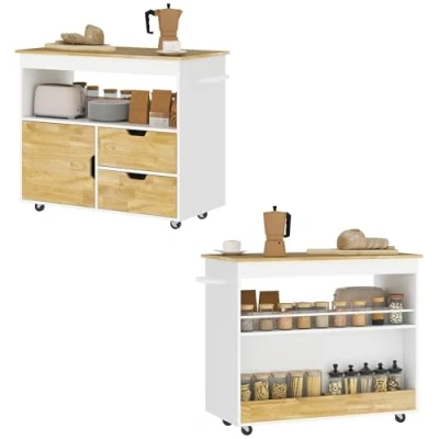 Abbildung von HOMCOM Küchenwagen Servierwagen mit Arbeitsplatte, Schubladen, Rollwagen Küchenschrank Soft Close Tür, Griff, Kücheninsel offenem Fach für Büro, 107x50x85cm, Eiche