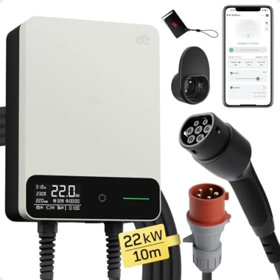 Abbildung von dé Typ 2 Wallbox 22kW mit APP und RFID, 6 32A 3 Phasen EV Ladegerät 400V 10m Ladekabel Kabelhalter für BEV/PHEV, RCD B &amp; IP54 Schutz, effiziente Ladestation Zuhause, weiß