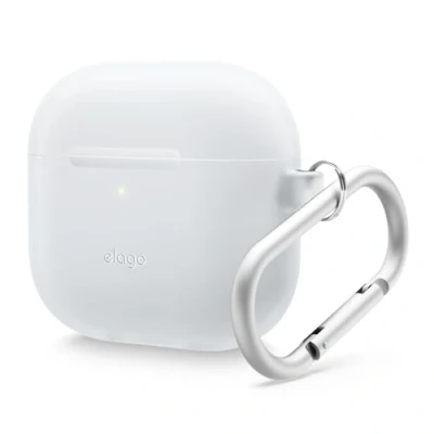 Abbildung von elago Silikon Hülle Kompatibel mit AirPods 4. Generation 4 Hülle, Karabiner Inklusive, Unterstützt Kabelloses Laden, Stoßfest, Voller Schutz (Nachtleuchtendes Blau)