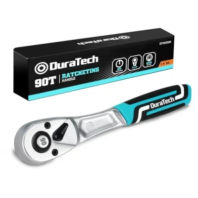 Abbildung von DURATECH Umschaltknarre 1/4 Vierkantantrieb, Umschaltbare Ratsche 90 Zähne, Ratschengriff mit Schnellspanner, aus Chrom Vanadium Stahl, kleiner Betätigungswinkel 4 für enge Bauräume