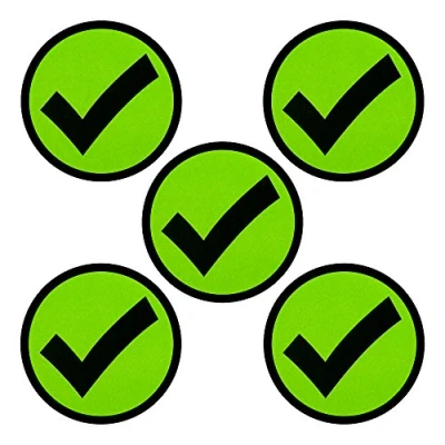 Abbildung von 5 Magnete mit Häkchen Symbol für Magnettafeln, Kühlschränke, Plantafeln oder Whiteboards. Emoji Magnet Grün