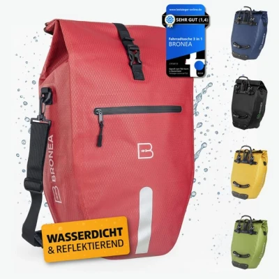 Abbildung von Bronea® Gepäckträgertasche für Fahrrad ROT Groß 28 Liter abnehmbare Fahrradtasche Gepäckträger hinten Wasserdicht &amp; Reflektierend Click System Befestigung Inklusive Laptop Fach