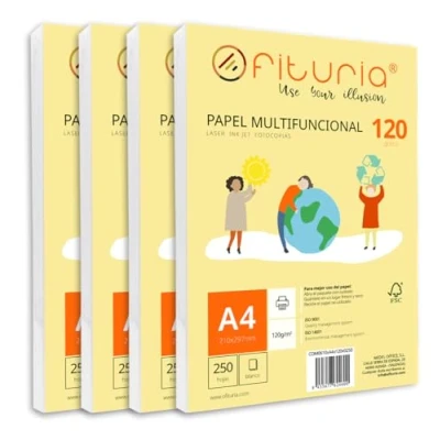 Abbildung von Packung mit 1000 weißen DIN A4 Blättern, 120g Druckerpapier. Multifunktionales Kopierpapier für Schule und Büro. Ideal Laserdrucker, Tintenstrahldrucker oder Kopierer Ofituria