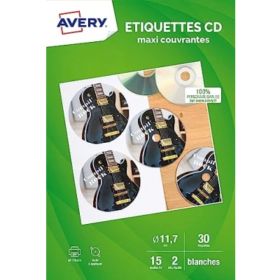 Abbildung von AVERY J 8676 12 CD Etiketten, selbstklebend, Weiß, Größe: 30, Max. Druck: Tintenstrahl
