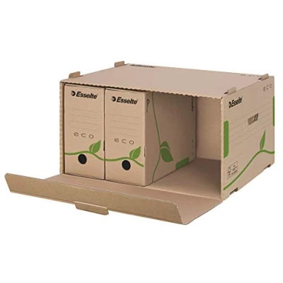 Abbildung von Esselte Eco Archiv Container, Ideal für A4 Schachteln, 5 x 80 mm/4 100 mm, Transportbox mit Lasche Vorne, % recycelte Wellpappe, recycelbar, 1 Stück, Naturbraun, 623919