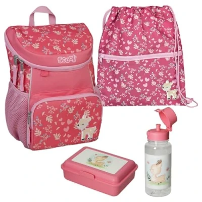 Abbildung von Familando Scooli Mini Me Kindergarten Rucksack für Mädchen 4 tlg. Set mit Brotdose und Trinkflasche Ergonomischer Vorschulrucksack die Kita Daisy Deer Reh Kitz Bambi