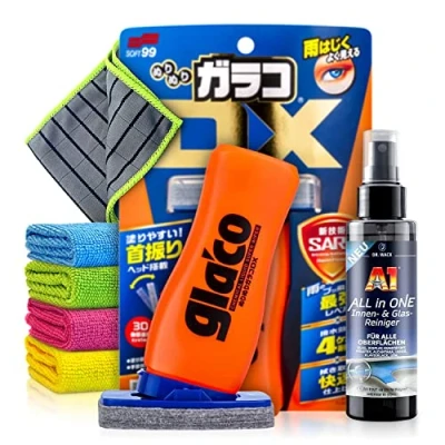 Abbildung von Auto Scheibenversiegelung Set: Soft99 Glaco DX (110ml) + Glasreiniger (100ml) Glasversiegelung für extrem glatte &amp; wasserabweisende Autoscheiben Dusche unsichtbarer Scheibenwischer 6 teilig