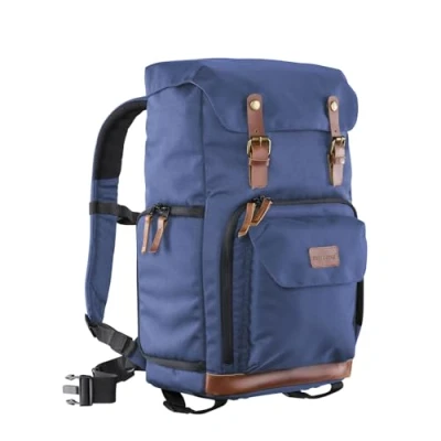 Abbildung von Mantona Luis Retro Fotorucksack (mit Echtleder Applikationen, inkl. Regenschutzhülle, flexible Einteilung und Laptopfach, geeignet für 1x DSLR Kamera, 3x Objektive diverses Fotozubehör) blau