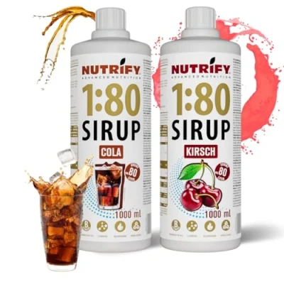 Abbildung von NUTRIFY Vital Fitness Drink 1:80 Sirup 2x1 L Set Kirsche &amp; Cola, Getränkekonzentrat mit Vitaminen Carnitin zuckerfrei 160 Liter Sportgetränk kalorienarm 2er Pack, 2x 1000 ml