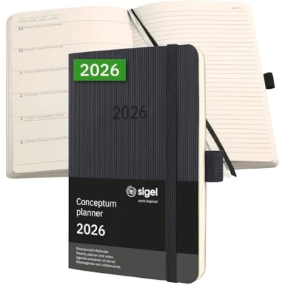 Abbildung von SIGEL C2625 Terminplaner Wochennotiz Kalender 2026, ca. A6, schwarz, Softcover, 176 Seiten, Gummiband, Stiftschlaufe, Archivtasche, aus nachhaltigem Papier, Conceptum