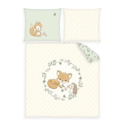 Abbildung von Herding Babybettwäsche süße Baby Wende Wiegen Bettwäsche Fuchs Pilz Blüten Igel 80x80, Renforce, 2 teilig