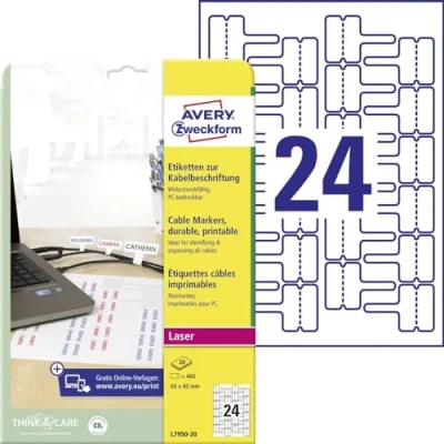 Abbildung von AVERY Zweckform L7950 20 Kabeletiketten (60x40 mm auf DIN A4, Laser, extrem stark selbstklebend, reißfest, bedruckbare Klebefolie ideal zum Kennzeichnen von Kabeln) 480 Aufkleber Blatt weiß