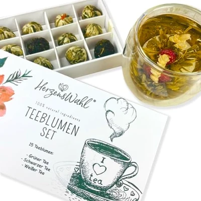Abbildung von HerzensWahl Teeblumen Geschenkset 15x weißer Tee, grüner Tee &amp; schwarzer in Teebox Teerosen Probierset Set für Teeliebhaber inkl. Geschenkbox