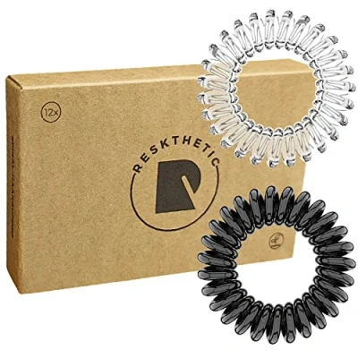 Abbildung von Reskthetic hochwertige Spiral Haargummi (transparent/schwarz), schonend zum Haar, nachhaltig, umweltfreundlich, (Telefonkabel, Zopfgummis) für Mädchen &amp; Frauen/Damen (12 x 3,5 cm)