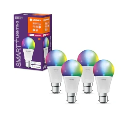 Abbildung von Ledvance Smart+ Lampe mit ZigBee Technologie, 9W, A60, matt, Sockel B22D, Lichtfarbe RGBW einstellbar, 806lm, 4er Pack