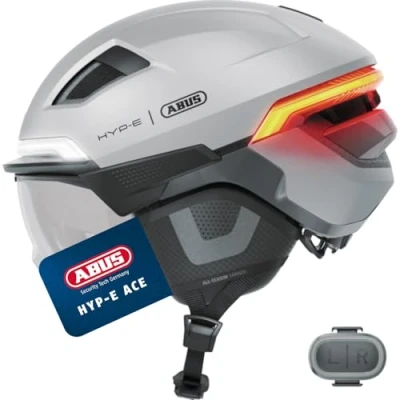Abbildung von ABUS Fahrradhelm HYP E ACE mit Frontlicht, Rücklicht und Blinklicht Visier Ohrenschützern geeignet auch für Bike S Pedelec Damen Herren Größe L, Silber