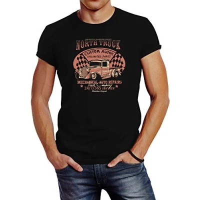 Abbildung von Neverless Herren T Shirt Hot Rod Big Block Car Tuning V8 Vintage Truck Print Slim Fit schwarz XS