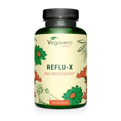 Abbildung von Reflux Komplex Vegavero® 100% Natürlich Bei Sodbrennen &amp; säurebedingten Magenbeschwerden Mit Mucosave ®, Olivenblattextrakt, Natriumalginat Kamille Laborgeprüft Vegan 120 Kapseln