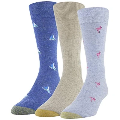Abbildung von GOLDTOE Herren Timeless Classics Crew 3 Paar Socken, Chambrey Flamingo/Oatmeal Heather Rib/Royal Sailboats, Large (3er Pack)