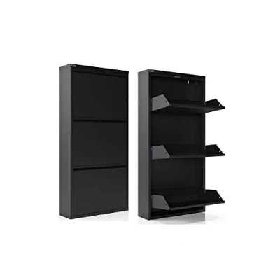 Abbildung von FS Fest&amp;Söhne Schuhregal Metall Schuhschrank Schuhkipper mit Klappen und Wandmontage (3X Klappen, Schwarz)