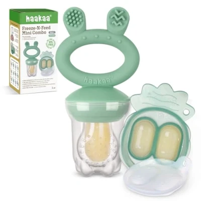 Abbildung von haakaa Baby Obst Nahrung Futterautomat &amp; Mini Gefrierschrank Knabbern Tablett Kombination,Muttermilch Popsicle Formen,BPA freier Silikon für sichere Selbstfütterung von Säuglingen,4 Monate+(Erbsengrün
