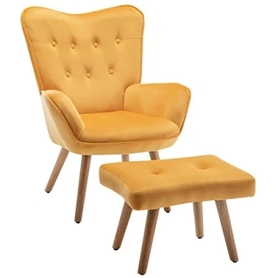 Abbildung von HollyHOME Sessel mit Hocker Wohnzimmer Relaxsessel Samtstoff, Lesesessel Ohrensessel Fußschemel Loungestuhl, Lesestuhl für Schlafzimmer, Gelb