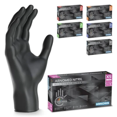 Abbildung von 500 Stück (5x100) ARNOMED Einweghandschuhe Schwarz, Einmalhandschuhe XS, Nitril Handschuhe Einweg, Nitrilhandschuhe puderfrei, Gummihandschuhe Schutzhandschuhe in S, M, L, XL, XXL
