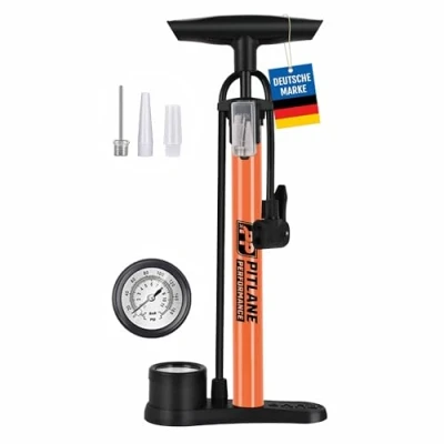 Abbildung von Pitlane Performance® Luftpumpe mit Barometer 42 cm; Standpumpe Manometer bis 11 Bar; Fuß Pumpe für Schrader Presta Dunlop; Fahrradpumpe inkl. Ballnadel &amp; Adapter Luftmatratze uvm. (Orange)