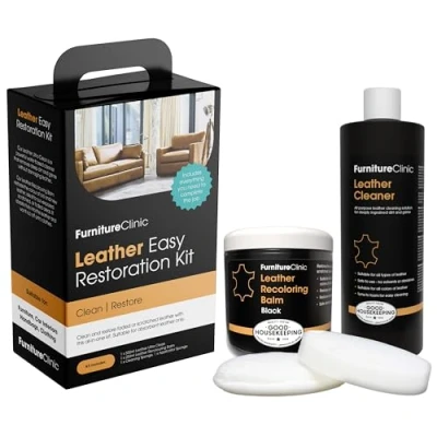 Abbildung von Furniture Clinic Komplettes Leder restaurierungs Set enthält Balsam, Schutzcreme, Reiniger, Schwamm und Tuch für Autositze, Sofas, Bekleidung, Schuhe Taschen (schwarz)